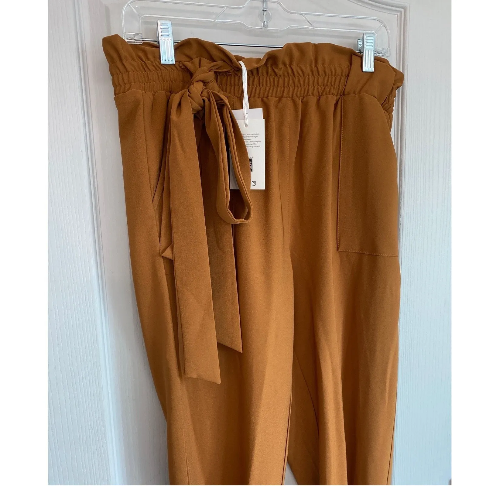 Grace Karin Paperbag Waist Pants Tan Tie Belt Cropped Ankle Leg L NWT - Image 6
