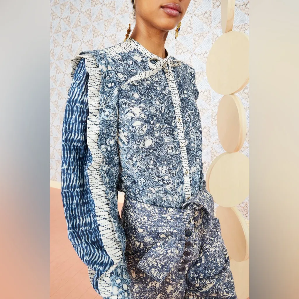 Ulla Johnson Nara Blouse Indigo Patchwork Printed Size 0 XS Statement Sleeves‎ - Image 5