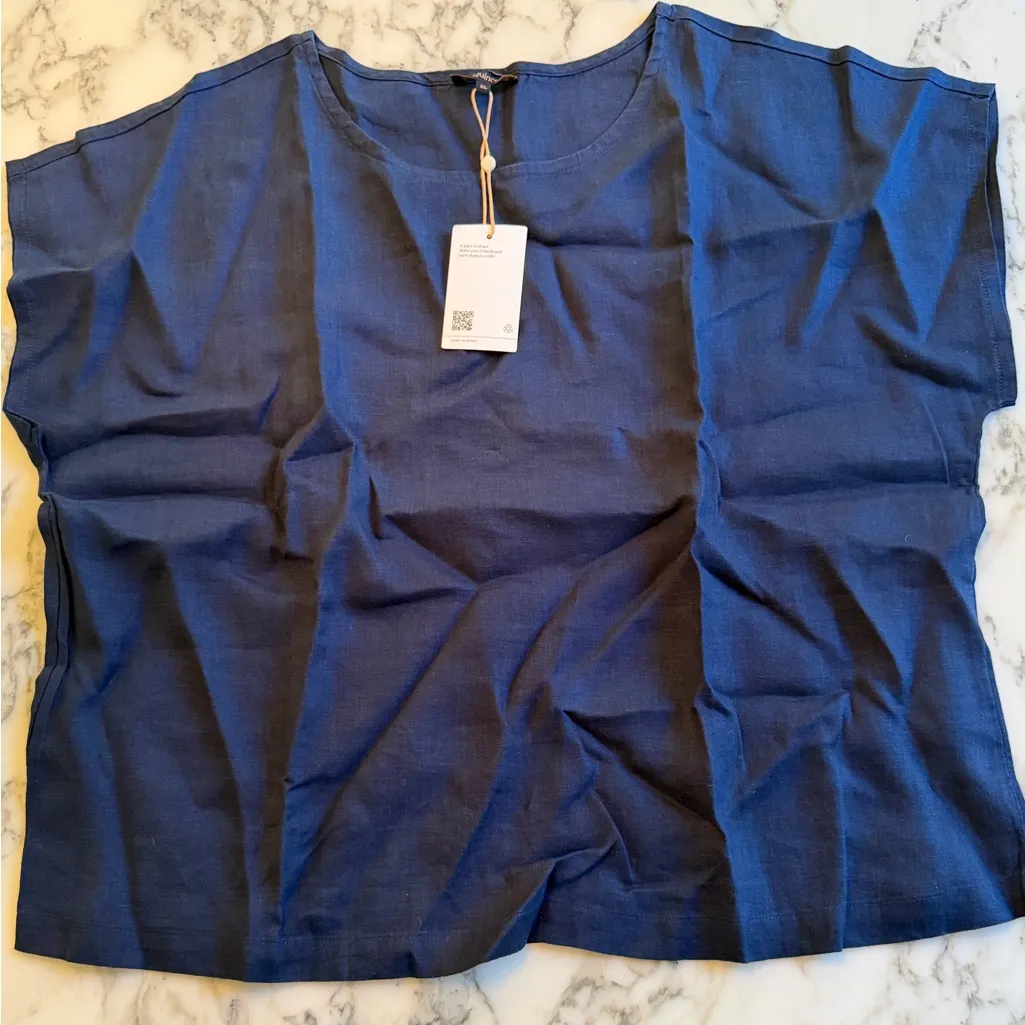 NWT Quince Boxy Blouse 100% Linen Women's Navy Top Size XL Short Sleeve - Image 2