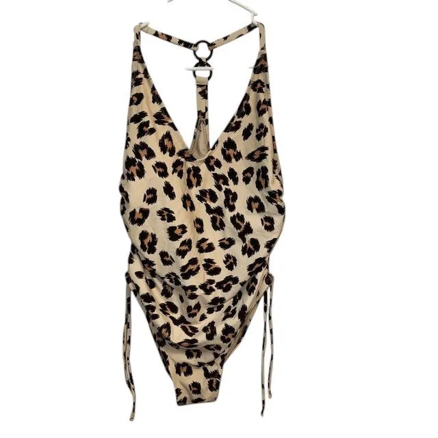 Kona Sol Leopard Print One Piece Swimsuit Adjustable Ruched Sides Size L - Image 3