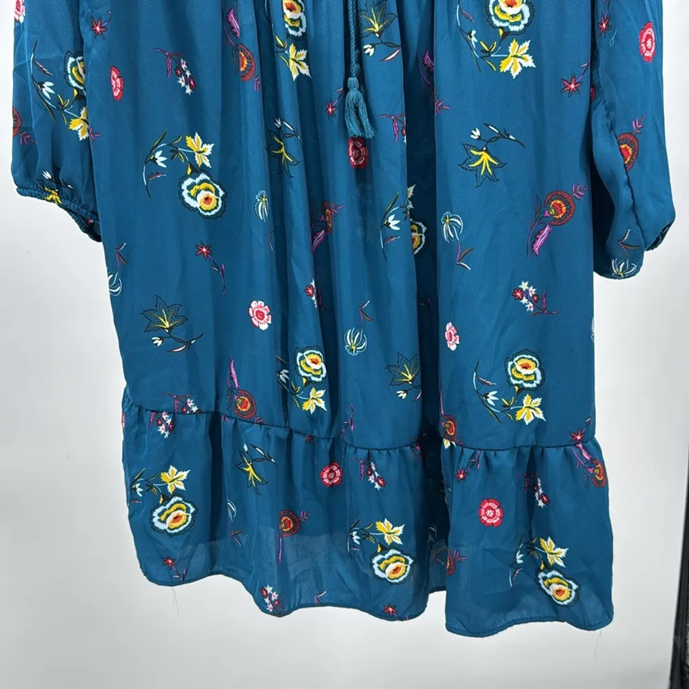 Old Navy Blue Floral 2X plus tiered dress keyhole tassel tie front velvet piping - Image 5
