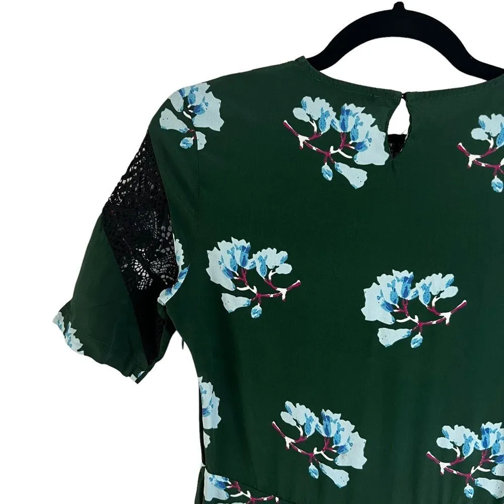 Maje Rowers Asymmetric Floral Silk Blend Lace Midi Dress Green Blue Small - Image 12