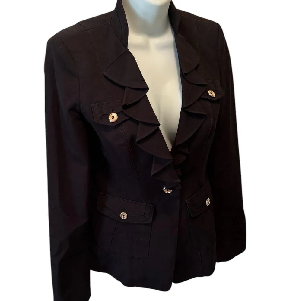 WHBM Black Ruffle Elegant One Button Blazer Sz 00 Tailored Fit Pockets Business - Image 4