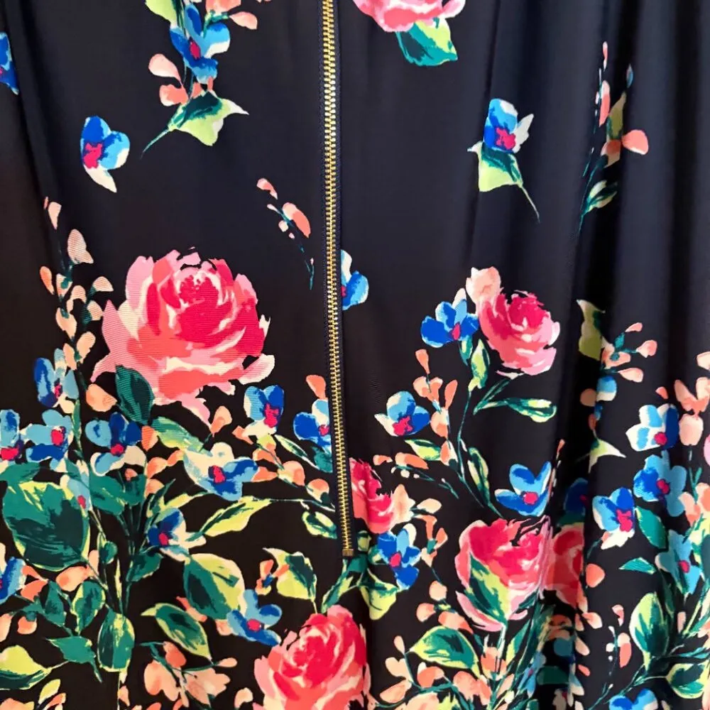 Eliza J Women's Navy Floral Knit Elbow Sleeve Boat Neck Knee Length Shift Dress - Image 5