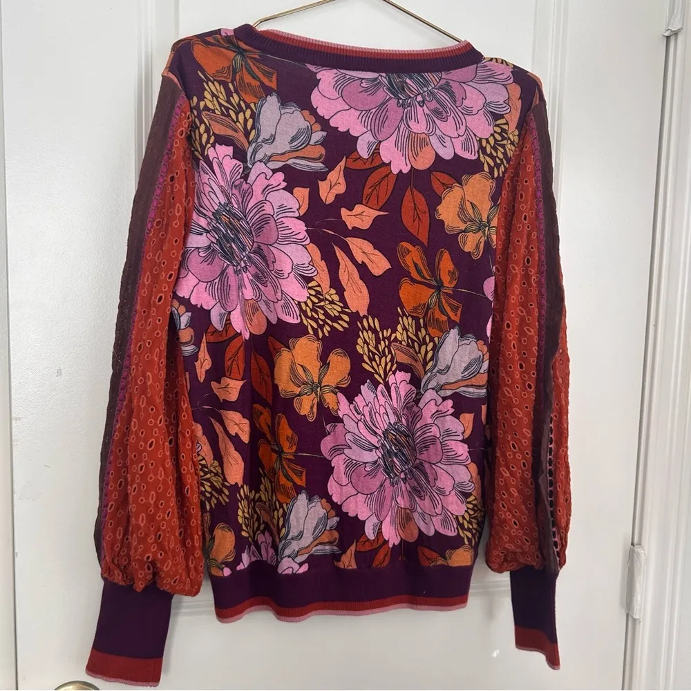 Anthropologie Bl^nk Contrast Eyelet Pullover Top Purple Motif  Floral mixed NWT - Image 8