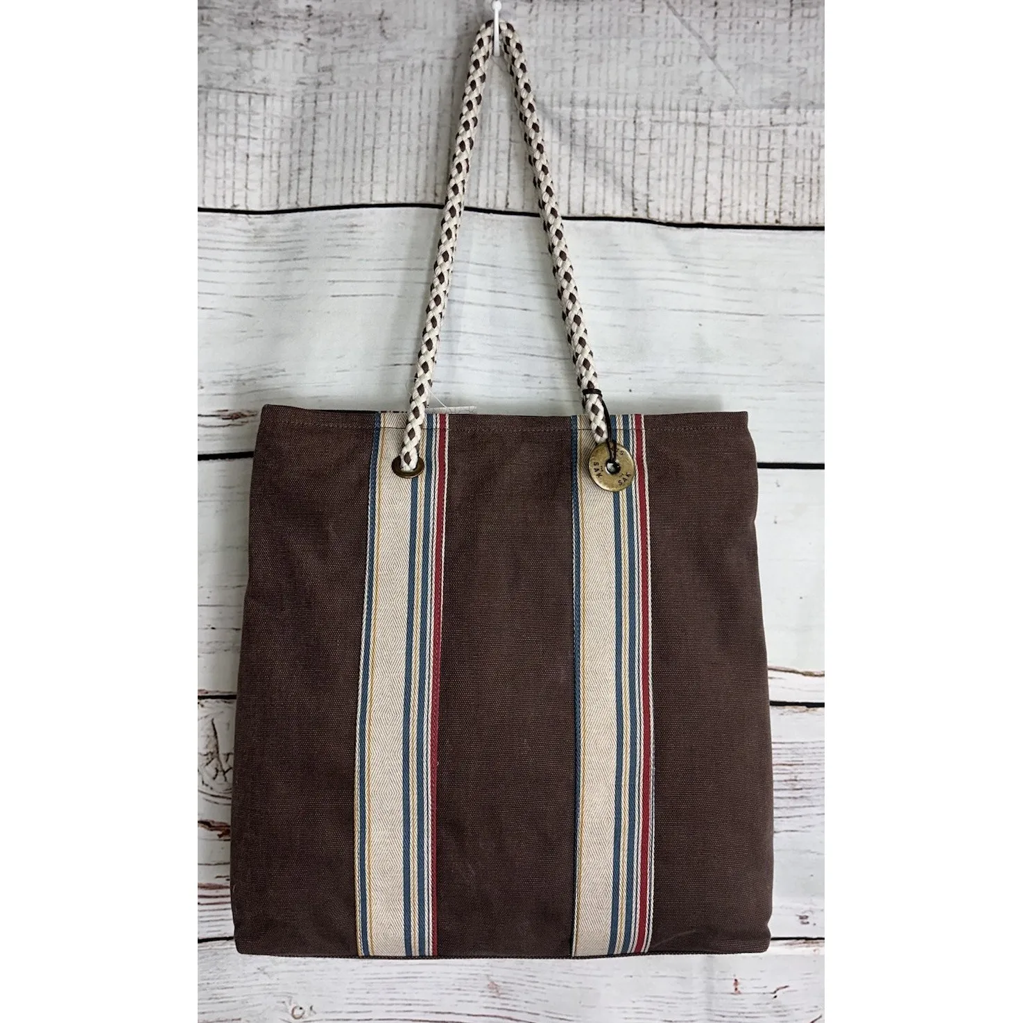 The Sak‎ Denim Striped Canvas Organizer Shoulder Strap Tote Brown Women's Purse - Image 3