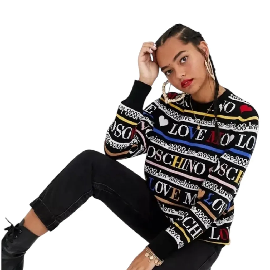 Love Moschino Pullover Crew Neck Sweater All Over Logo Multicolor Womens Size 2 - Image 1
