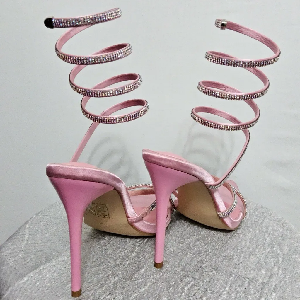 ✨ Pink Rhinestone Spiral Heels | Satin Pointed Toe Stilettos (Size 8) (B14) - Image 6