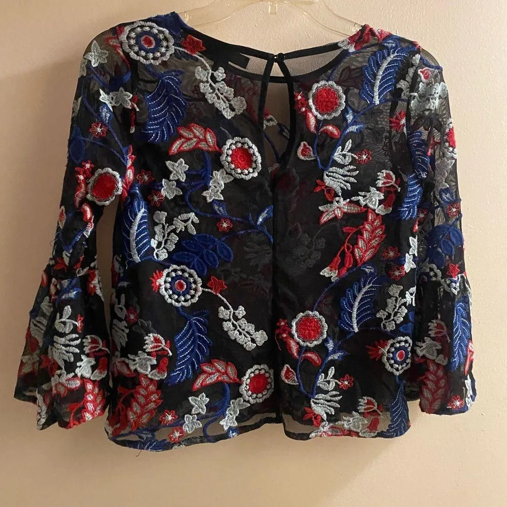 Aqua Women’s Sheer Blouse S Small Black W/ Red White Blue Embroidered Flowers - Image 4