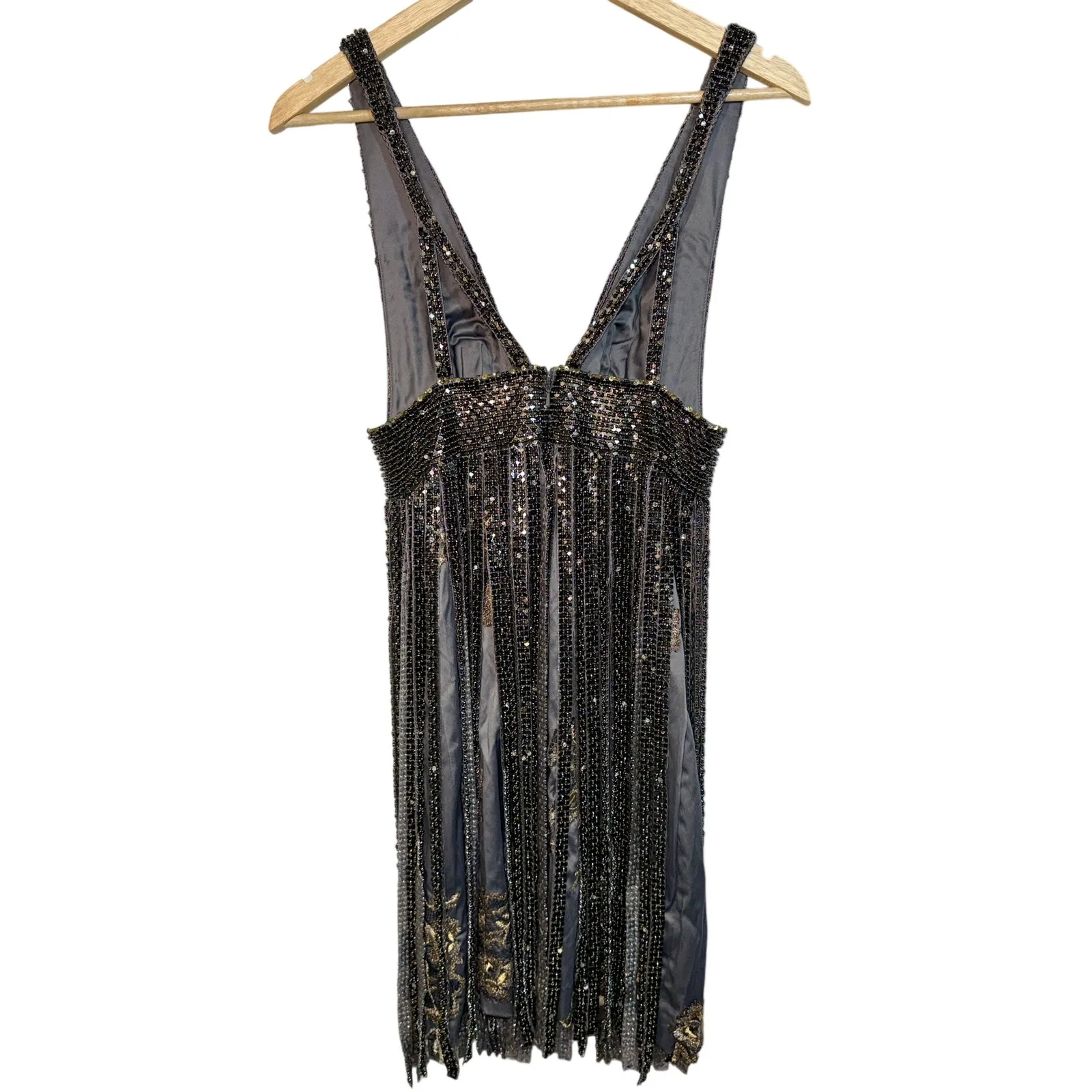 NWT Mandalay Gunmetal Silver Beaded Fringe Cocktail Formal Mini Dress Womens 12 - Image 6