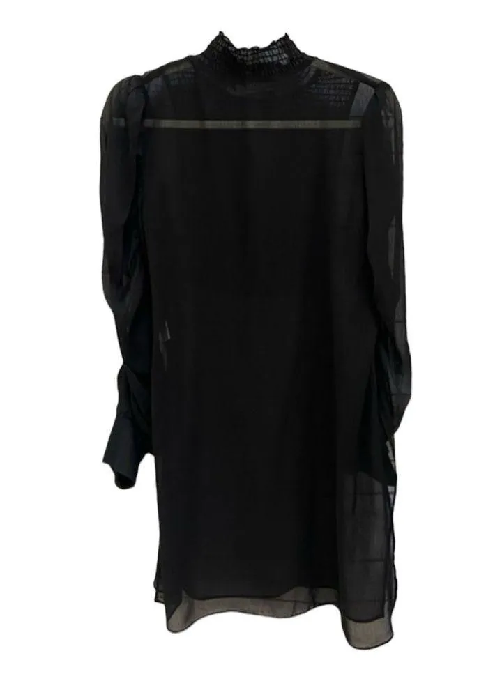Zara Black Sheer Smocked High Neck Smocked Front Panel Ruched Sleeve Dress - Image 3