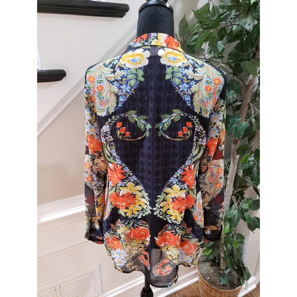 Cabi Womens Black Floral 100% Polyester Collared Long Sleeve Button Down Shirt S - Image 6