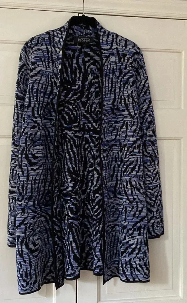 Kasper Blue Black and White Open Front Tunic Length Cardigan Size Large Artsy - Image 1