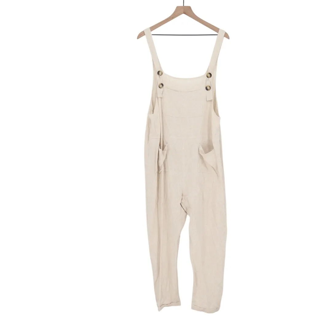 Umgee USA Linen Blend Overalls Jumpsuit Beige Tan Cropped Pants Size L Size L - Image 2