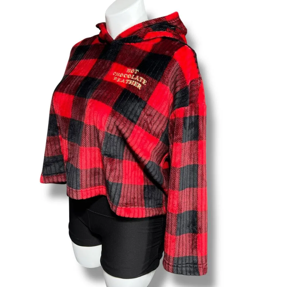 Joyspun Womens Fleece Hoodie Buffalo Plaid Hot Chocolate Weather Red Black Large - Image 5