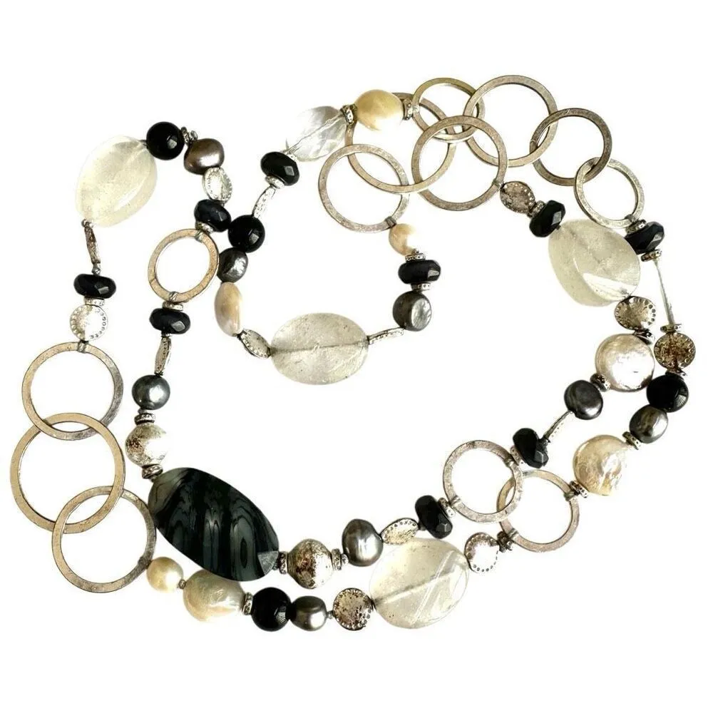 Stella & Dot Necklace Silver Tone Rock Crystal & Onyx Freshwater Pearl Necklace - Image 2
