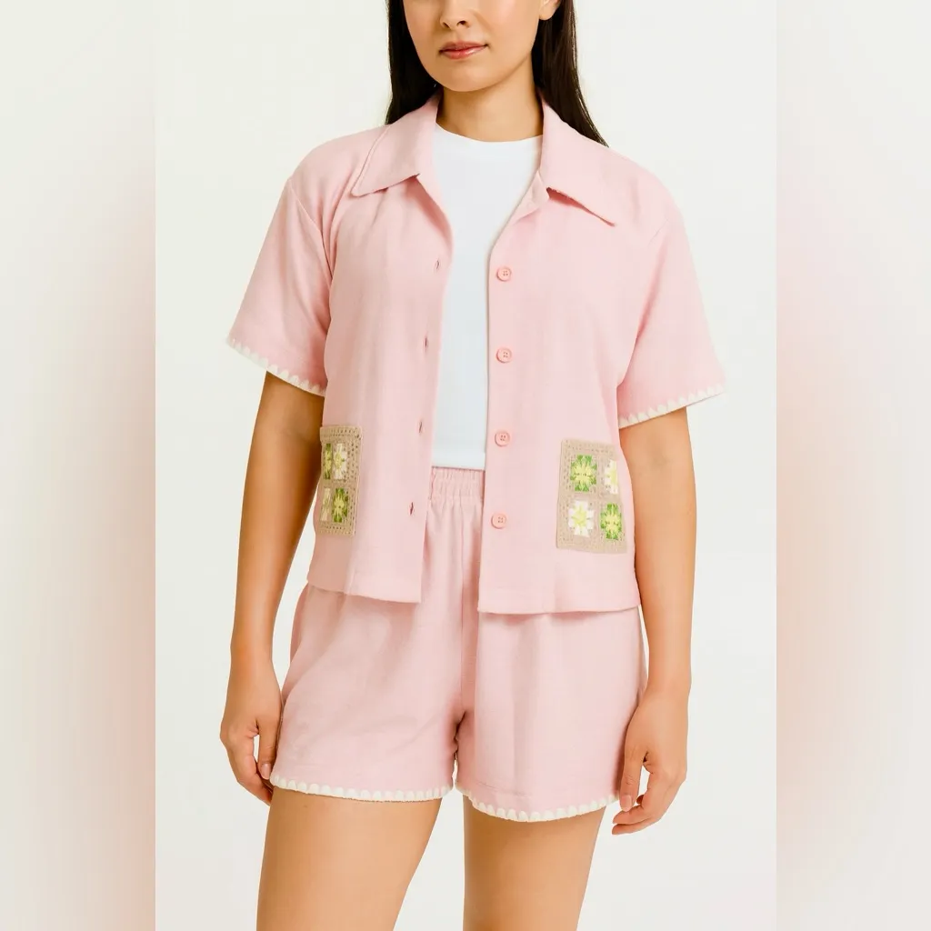 Lena Two Piece Grannycore Pink Terry Lounge Set Crochet Details Size Large NWOT - Image 2