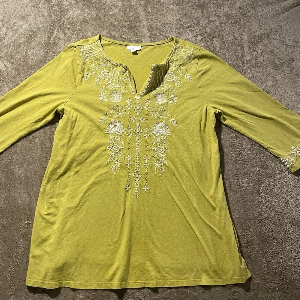 J. Jill Shirt Women's Sz M Embroidered Tunic Yellow Top Split Neckline Modest Size M - Image 3