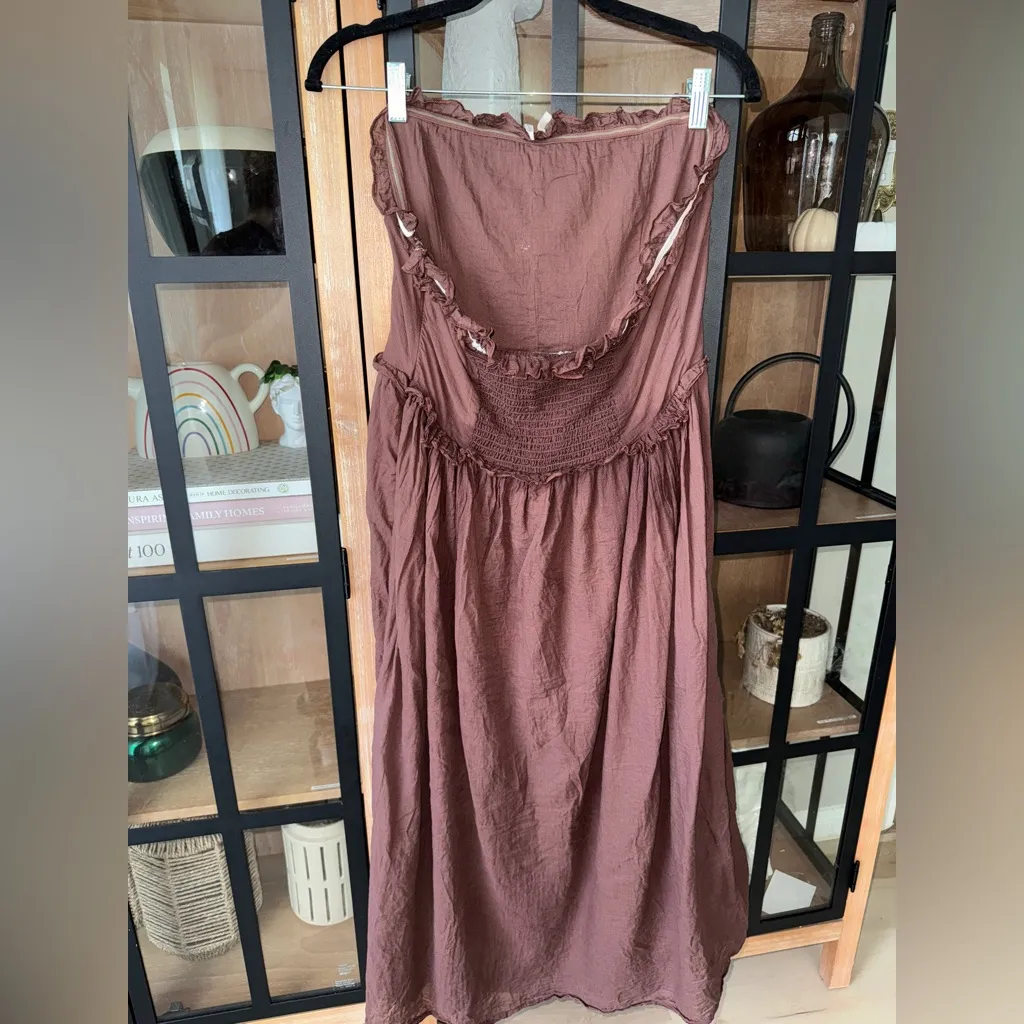 KIMCHI BLUE Ammie Strapless Midi Dress chocolate bow ruffle coquette cottage - Image 3