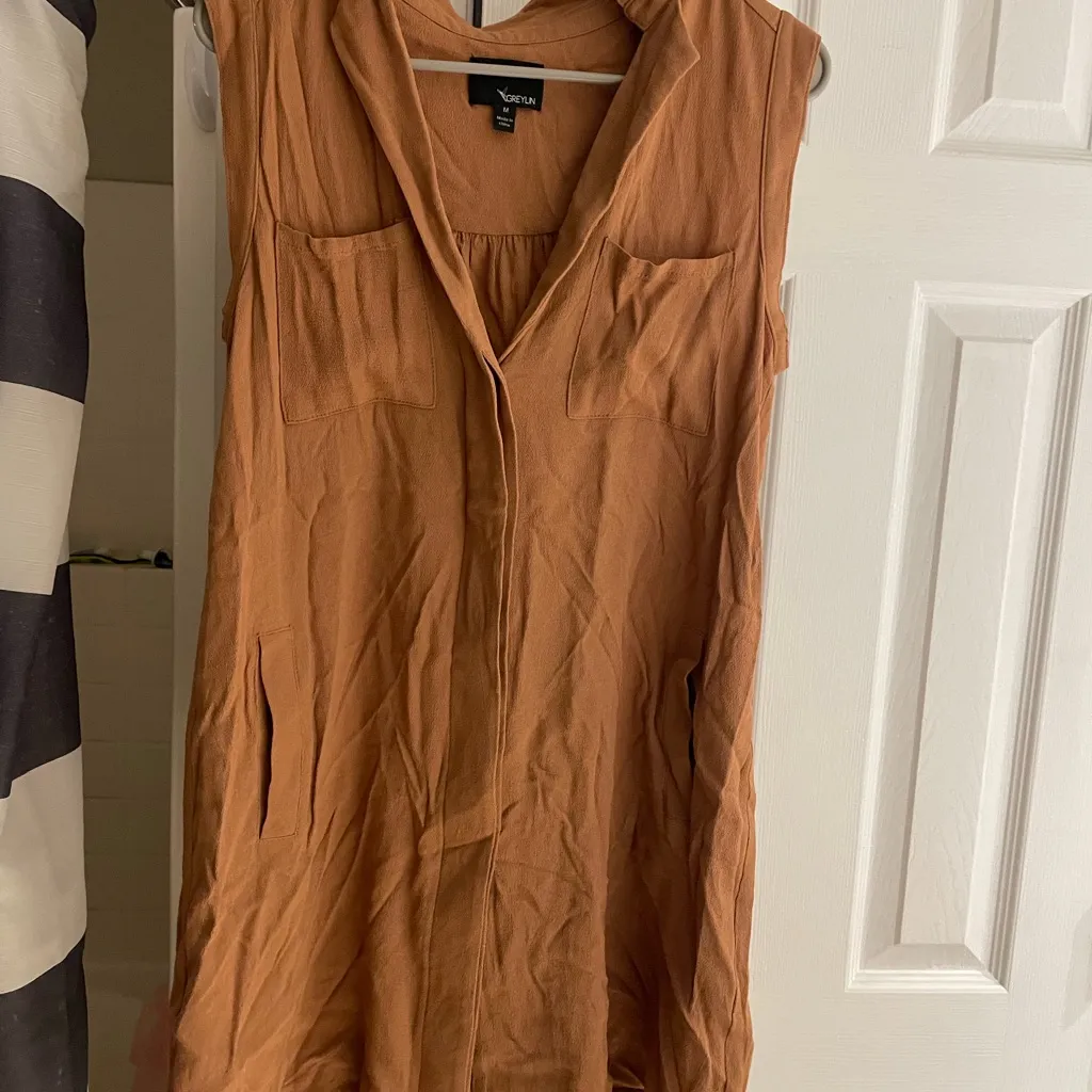 Greylin Sleeveless Camel Color Silk Blend Tunic button down Dress medium - Image 2