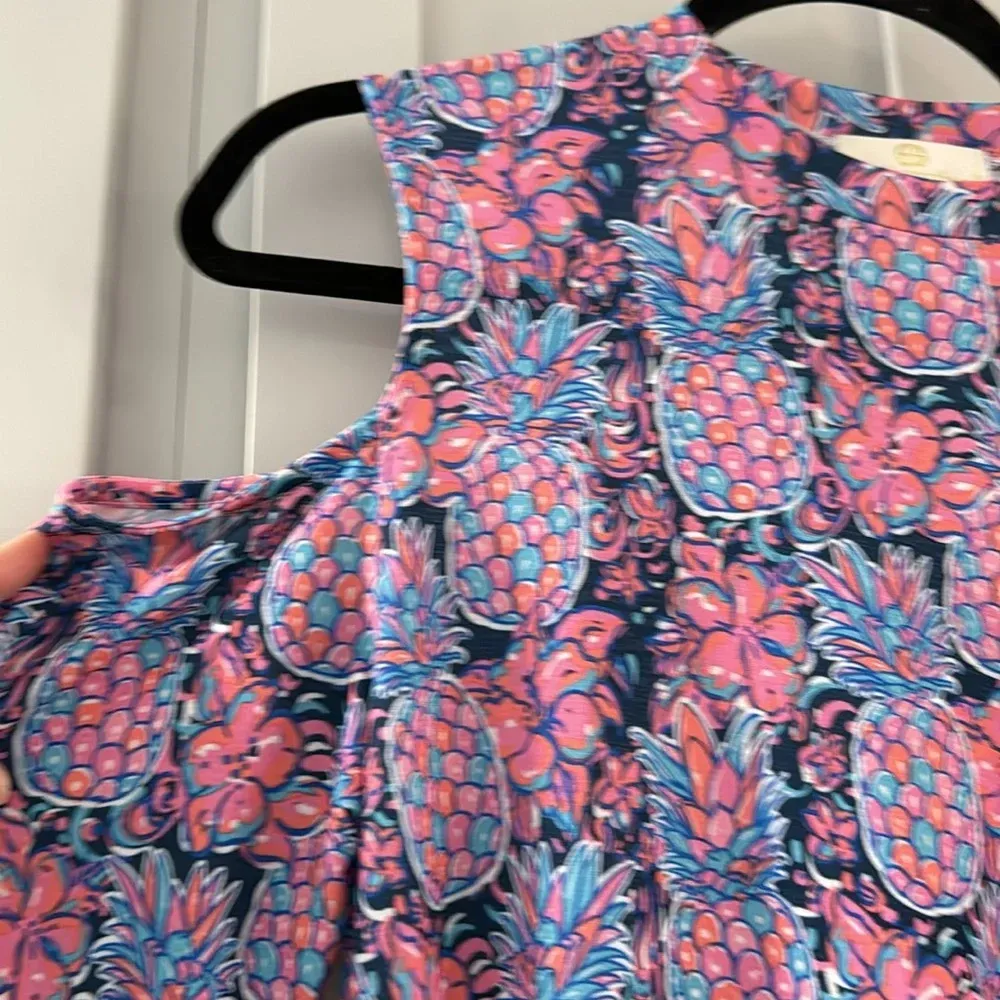Simply Southern Pink Blue Pineapple Print Cold Shoulder A-Line Dress w/‎ Pockets - Image 4