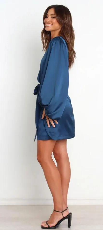 Petal & Pup Opal Navy Blue Satin Long Balloon Sleeve Wrap Mini Dress 4 - Image 7