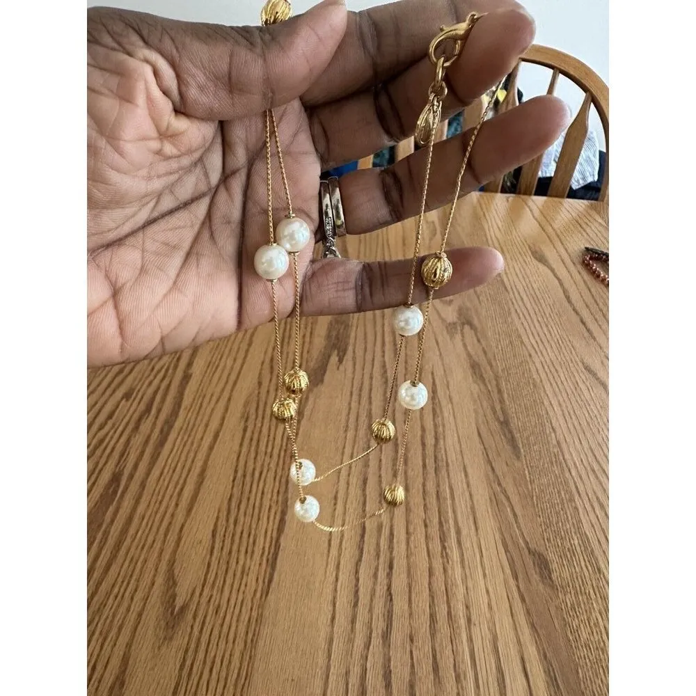Vintage Anne Klein Necklace Gold Tone Simulated Pearl Coil Bead Station - Image 6
