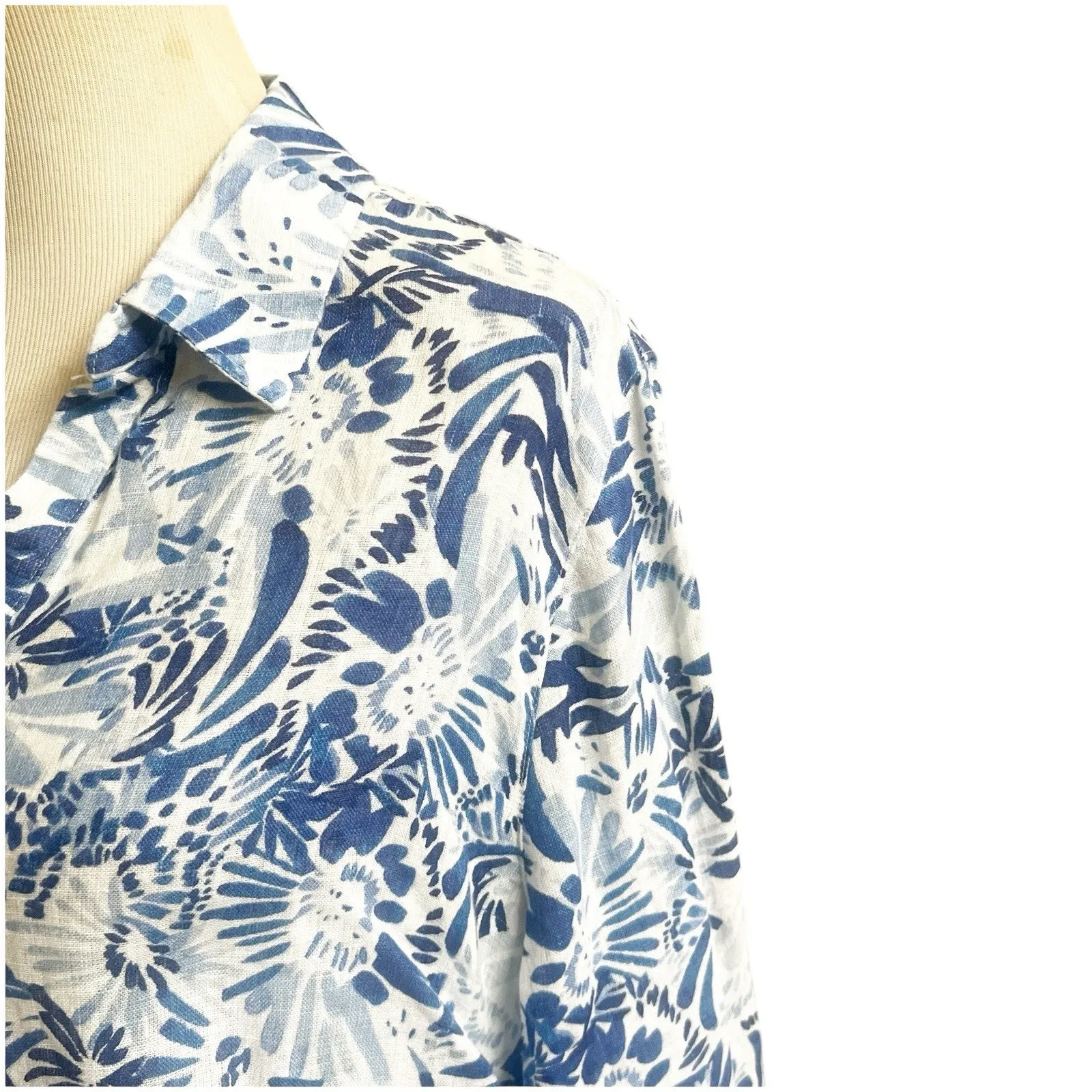 Cynthia Rowley Popover 100% Linen Tunic Plus Size 1X Blue Floral Button Sides - Image 8