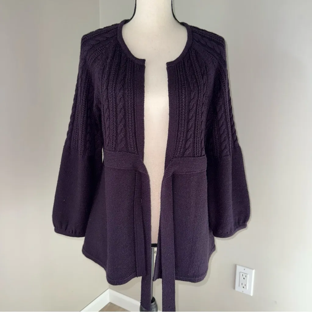 Calvin Klein Cable‎ knit Purple Sparkle Women's Cardigan Wool Blend Large - Image 5