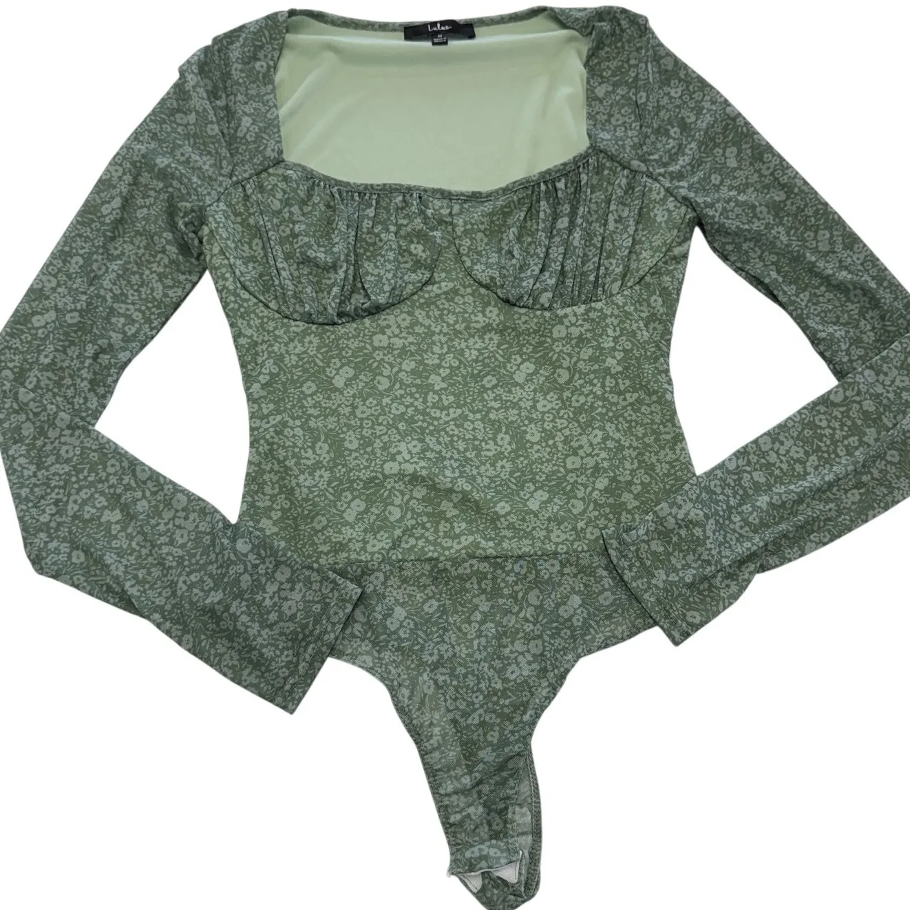 Lulus‎ Bodysuit Womens Medium Green Major Aesthetic Sage Green Ditsy Floral Mesh - Image 2