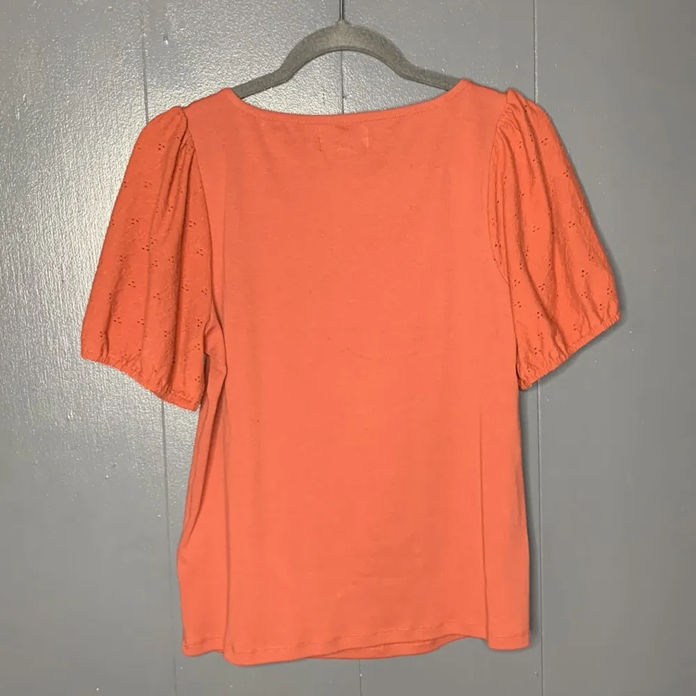 MADEWELL Coral/Rust Eyelet Sleeve Henley‎ Button Square Neck Top Size M Boho - Image 5