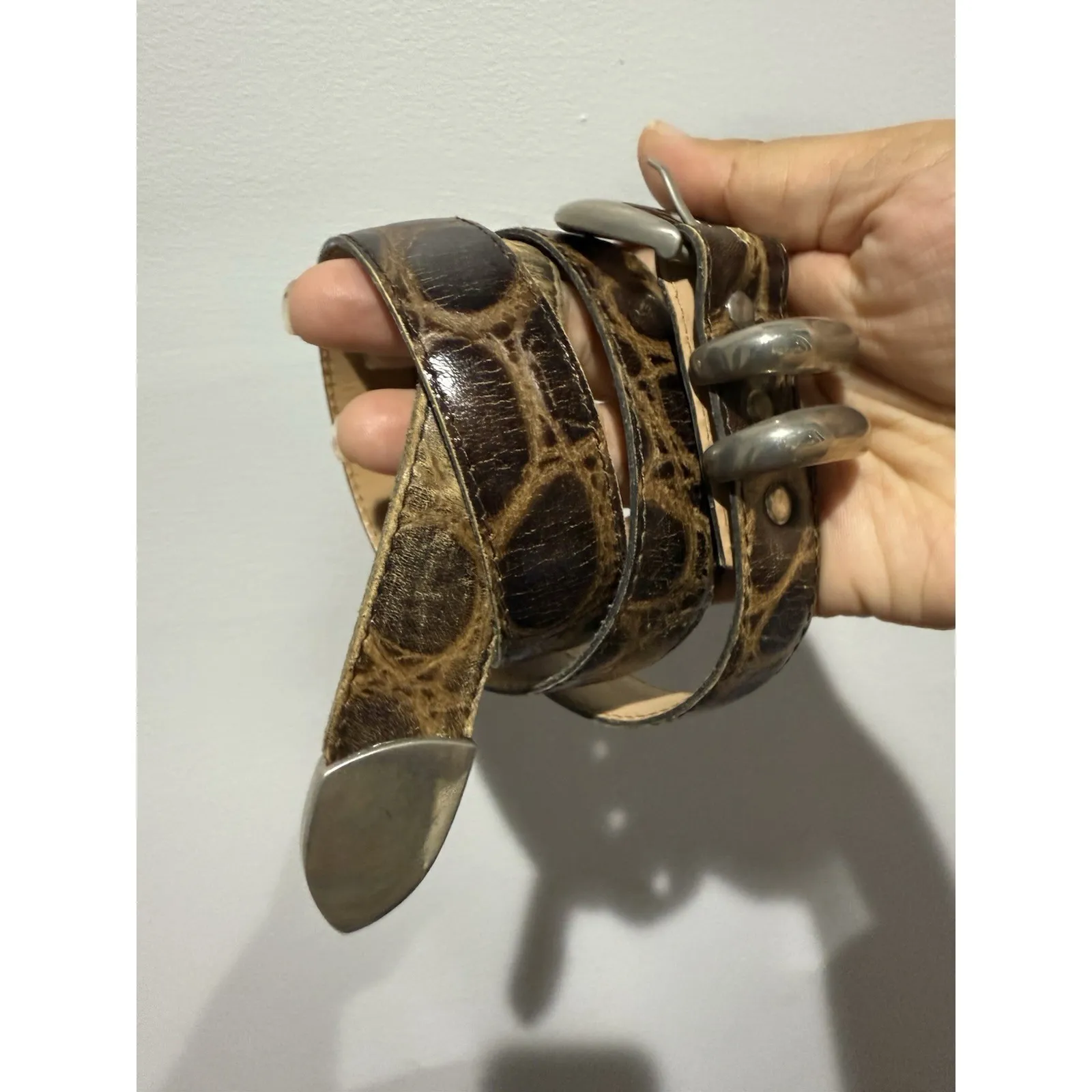 VTG Pierre G Size 40 Crocodrillo Calf Belt Made in Italy Exquisite Black Western Brown - Image 2