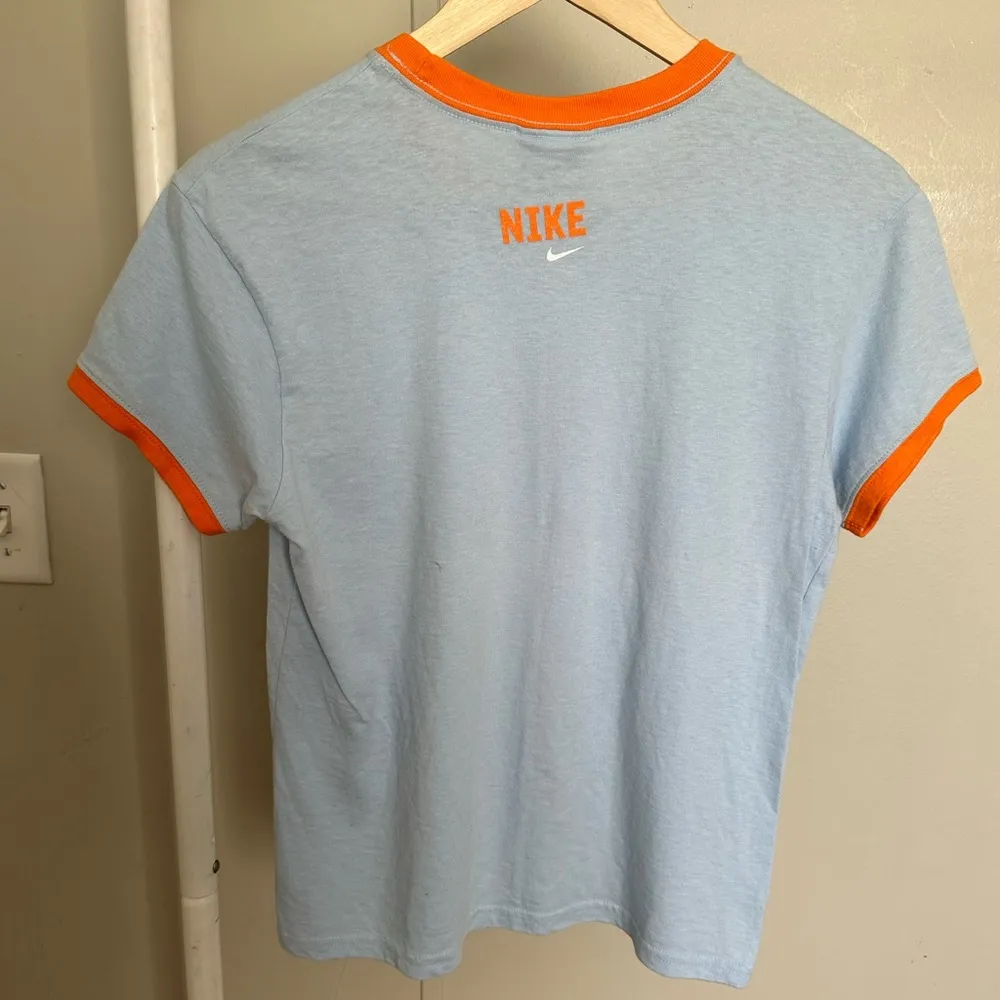 Nike Light Blue and Orange Ringer Graphic Shortsleeved Shirt size medium - Image 5