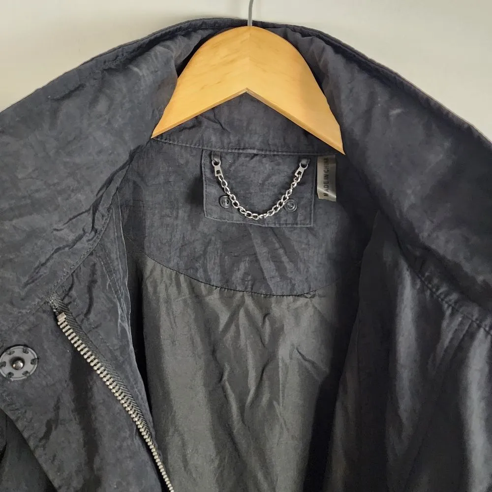 Black Hooded Trench Coat Lightweight Zip up Jacket Windbreaker Roll - Image 10