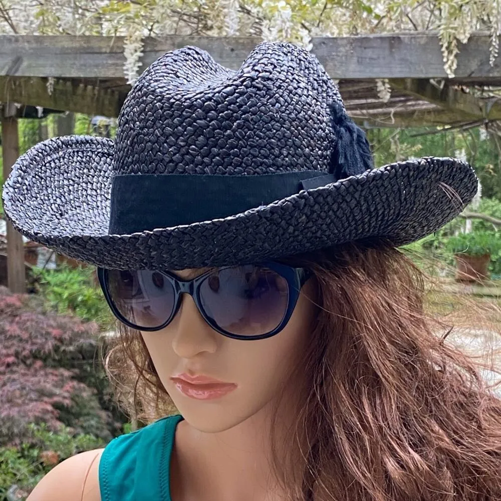 Vintage Black Woven Straw Hat Sz L - Image 2