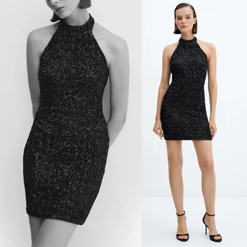 NWT Mango Mng Sequin High Neck Halter Tie Open Back Mini Dress Formal Black 8 - Image 3
