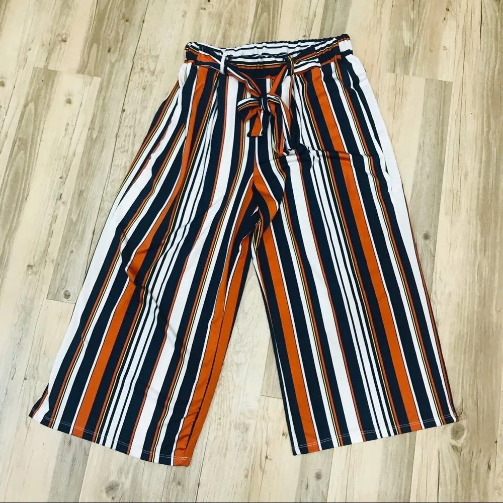 High Waist Tie Striped Wide Leg cropped pants culotte sz Large Orange - Image 5