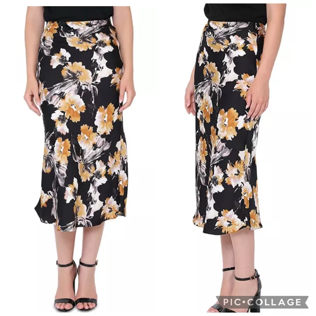 NWT Gracia Skirt Midi Floral Satin Fishtail Black Print A-Line Size 8 Flowy Chic - Image 2