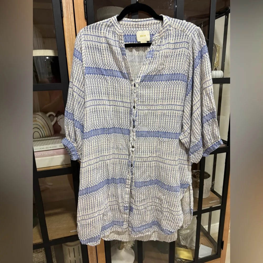 Anthropologie Maeve Yarn Dyed Lena Tunic Top 3/4 long balloon Sleeves Oversized - Image 2