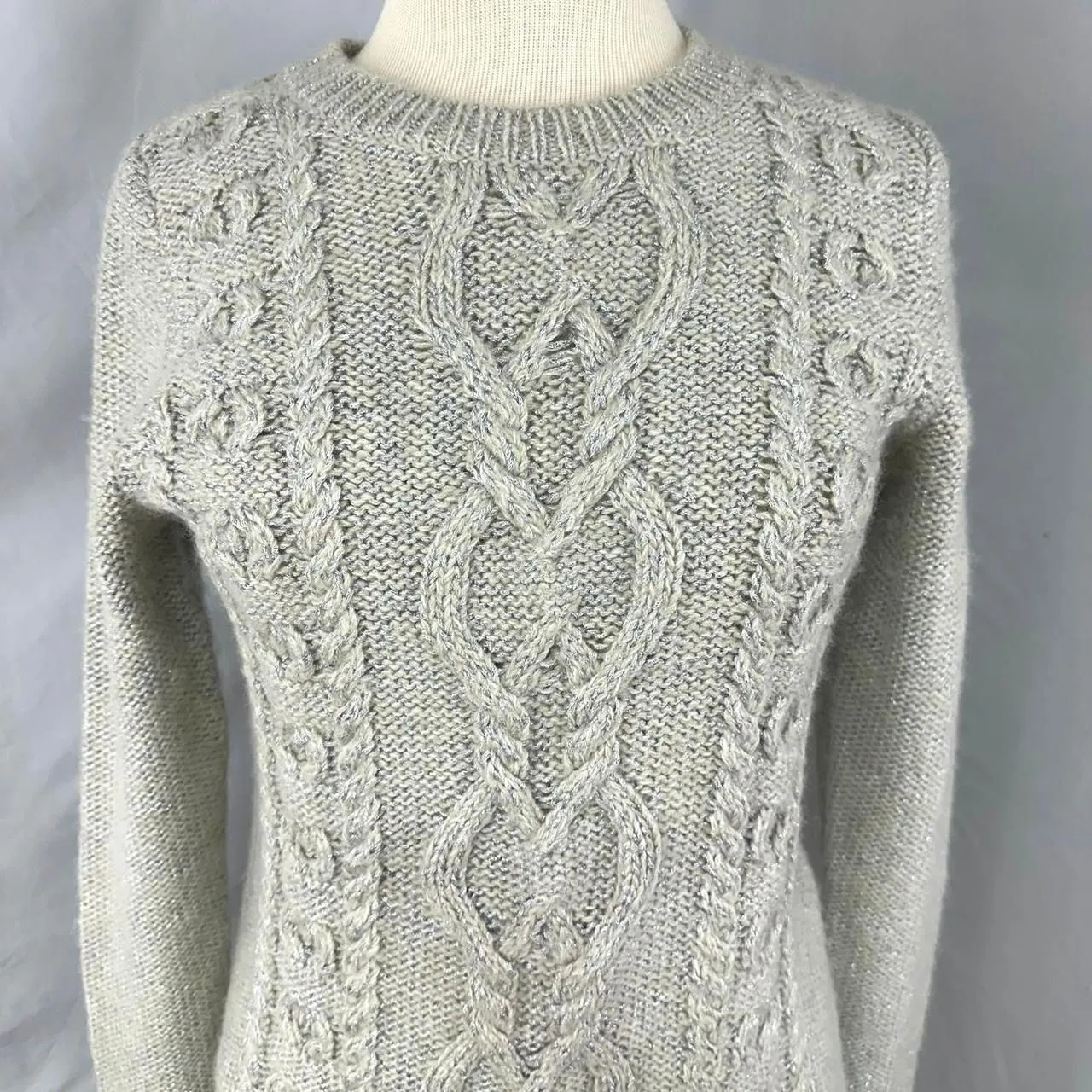 GAP MATERNITY Wool Cream Silver Chunky Cable Knit‎ Fisherman Sweater Womens M - Image 2