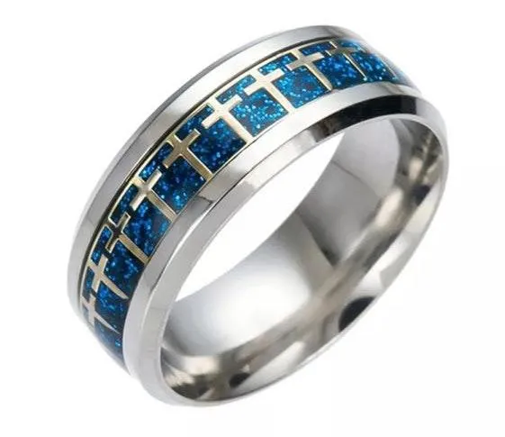 Blue Carbon Fiber Gold Cross Silver Ring - Image 2
