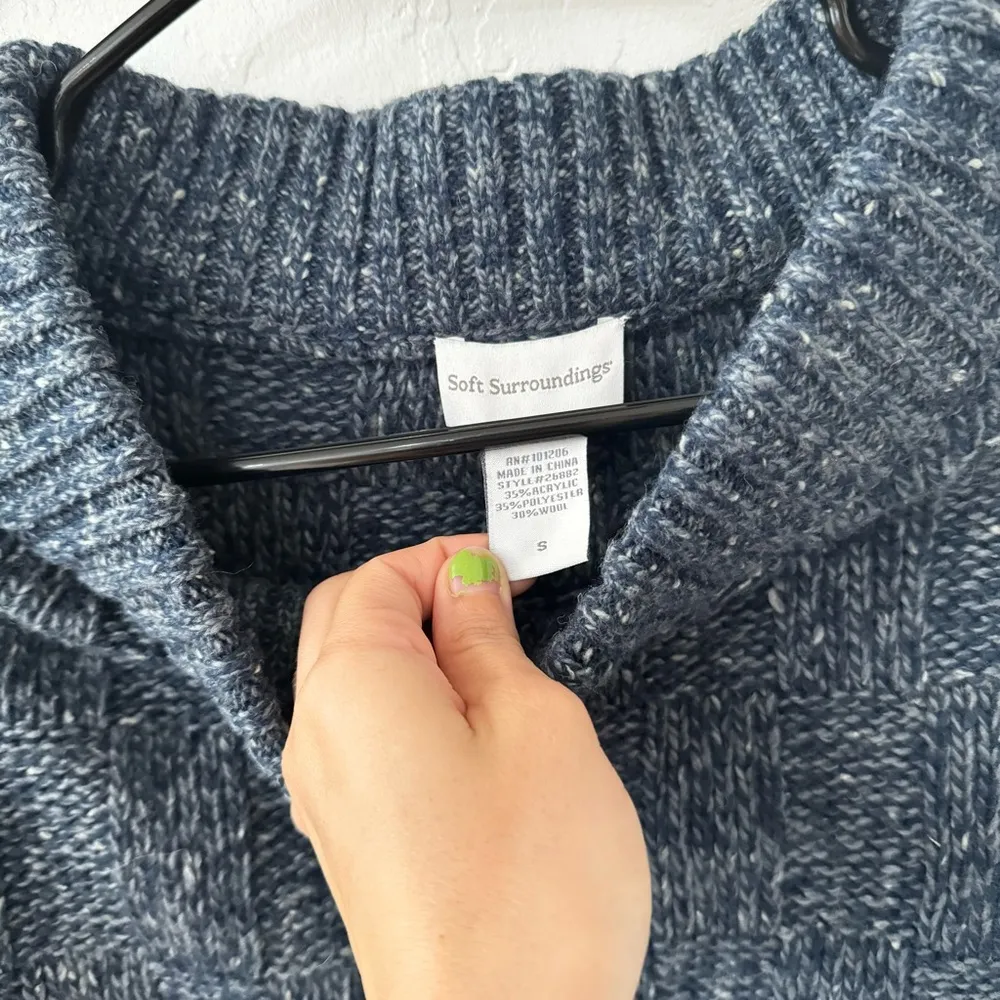 Soft Surroundings Boat Neck Mock Neck Wool Blend Blue Chunky Knit Sweater S - Image 4