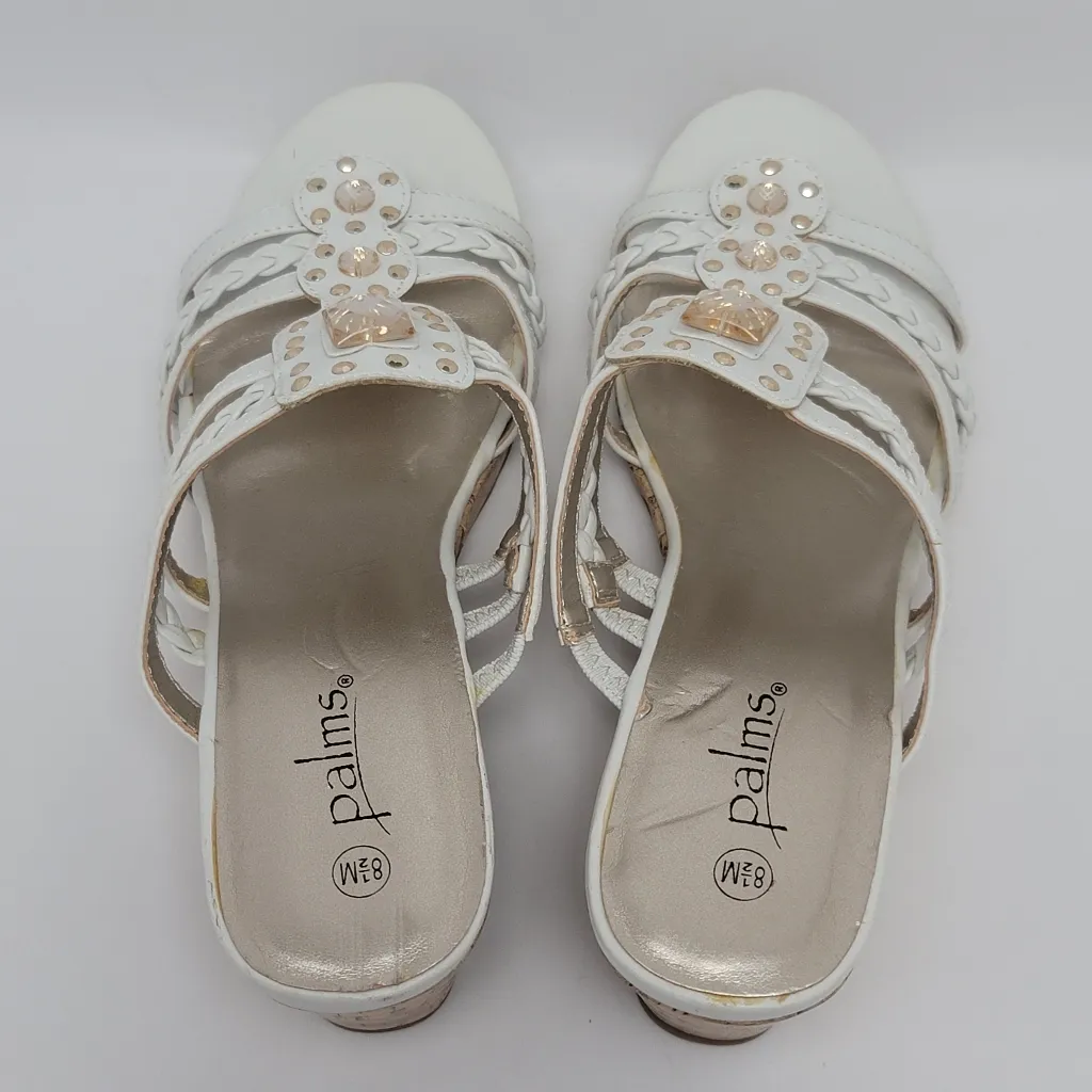 White Braided Wedge Heel Slide Sandals With Rhinestones Size 8.5 By Palms - Image 2