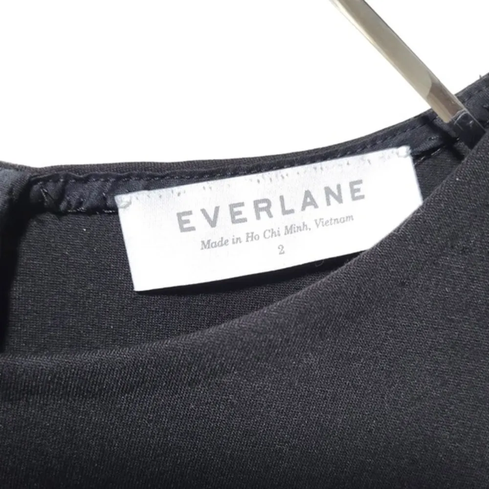 EVERLANE Ponte Knit Crew Neck 3/4 Length Bell Sleeve Mini Dress in Solid Black - Image 65