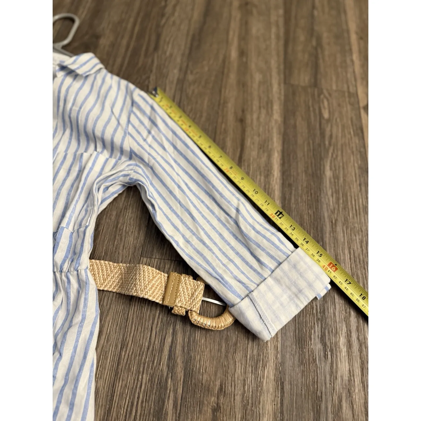 August Sky Women's Linen‎ Blend Dress Blue Striped Maxi with Roll Tab and Belt S - Image 13