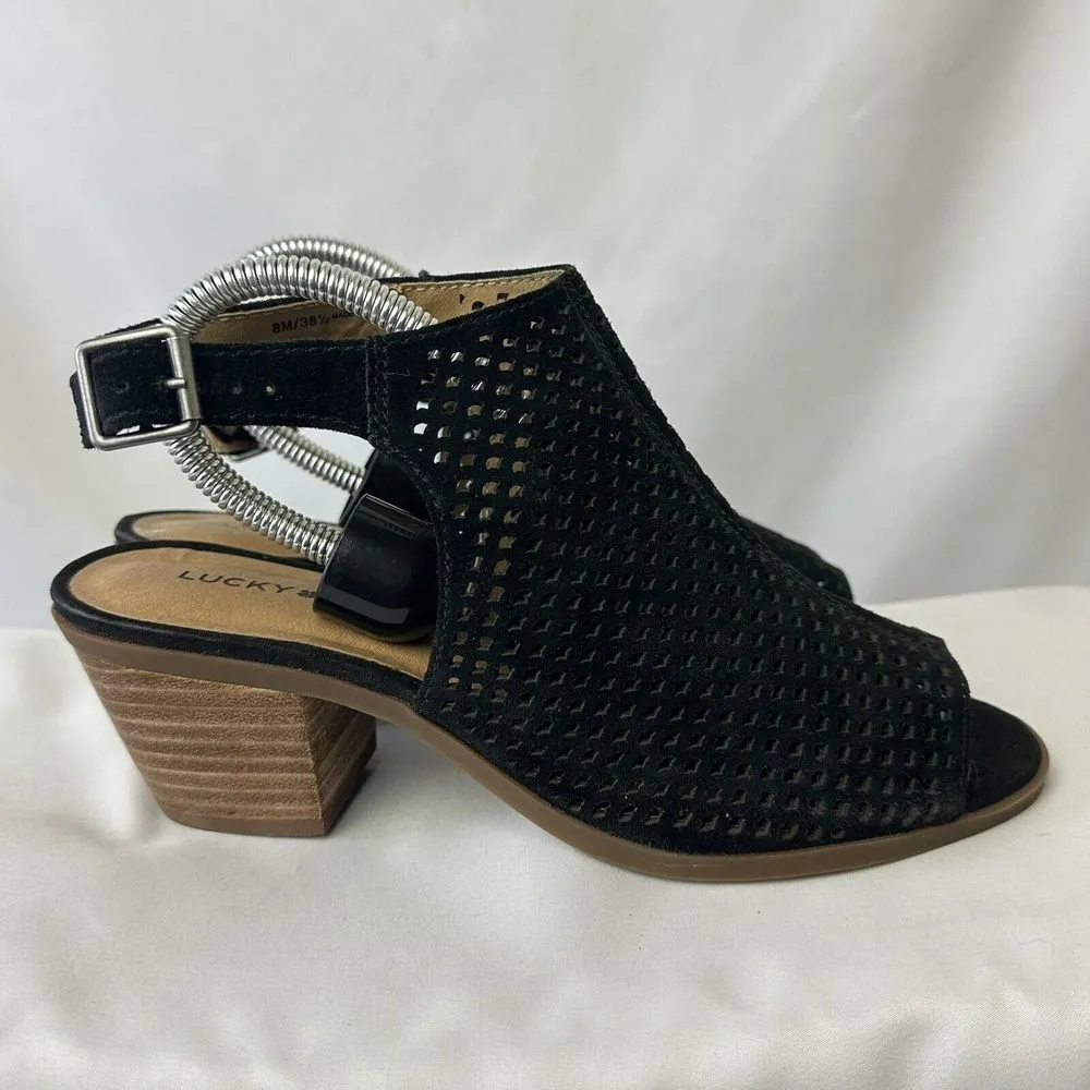 Lucky Brand Women's Bertel Sandal Size 8 Block Heel Slingback‎ Black Suede Shoe - Image 6