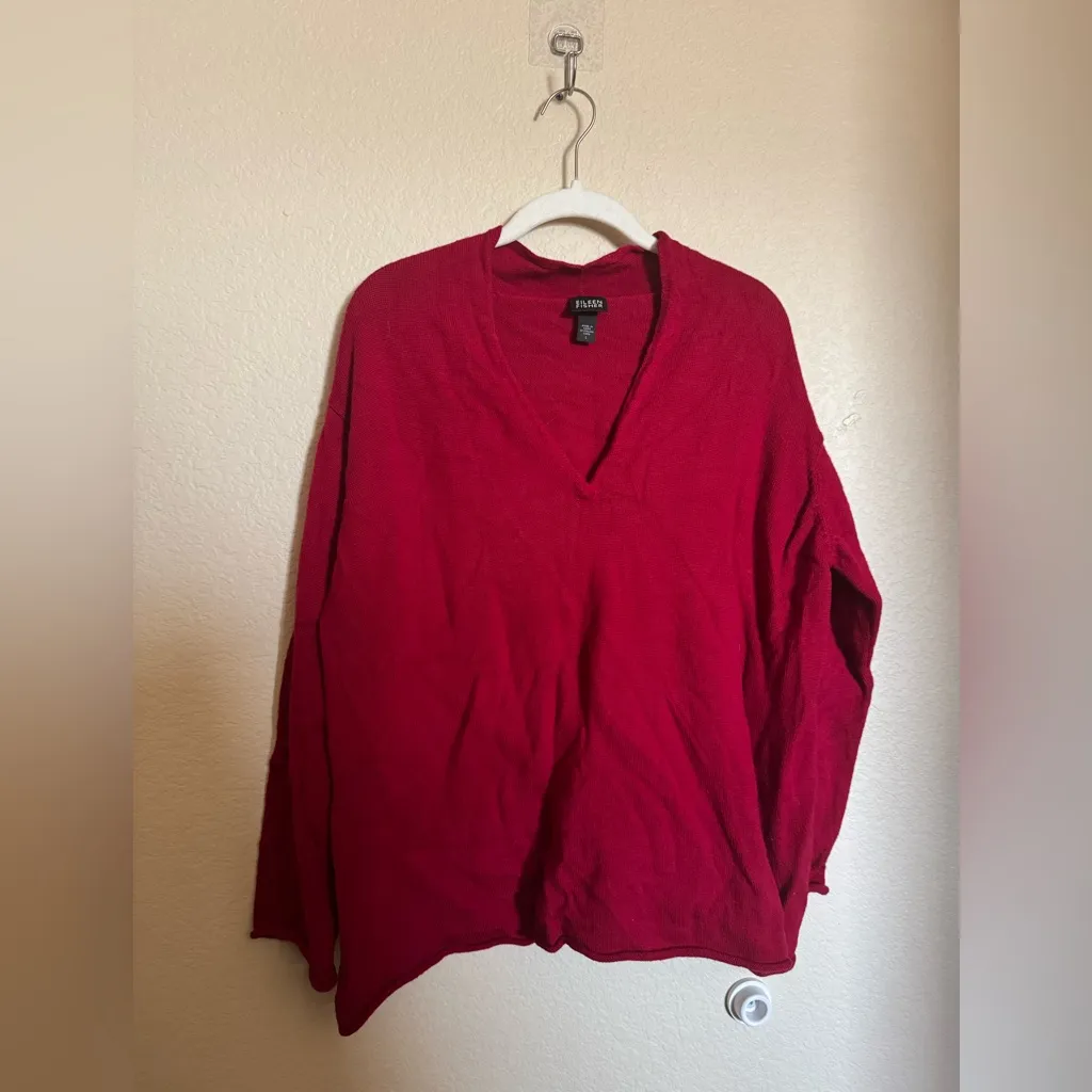 Eileen Fisher Merino Wool V-Neck Sweater Sz Large Dark Red Loose Fit - Image 2