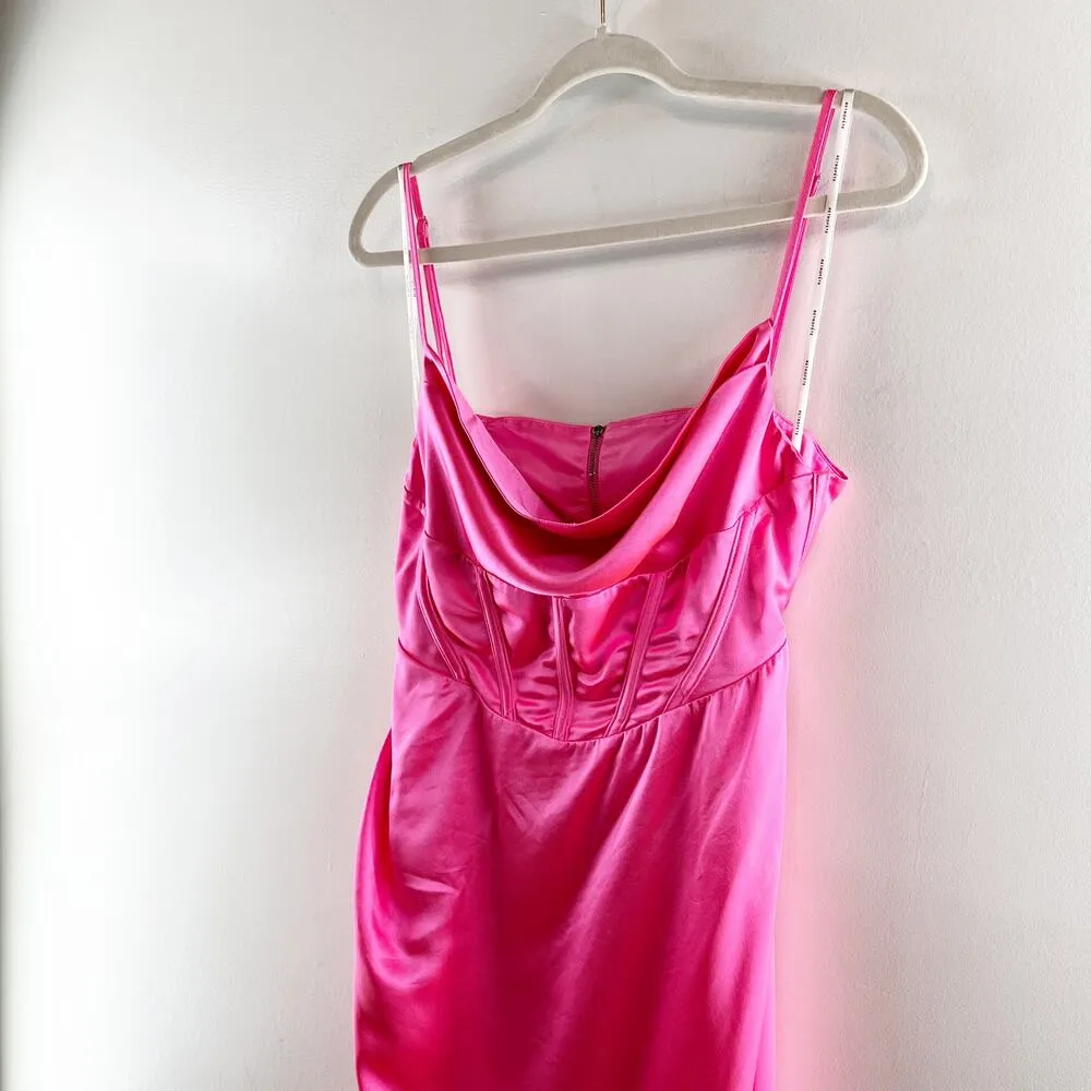 Retrofete Rosa Corset Drape Open Back Satin Maxi Slip Gown Dress Hot Pink Large - Image 11