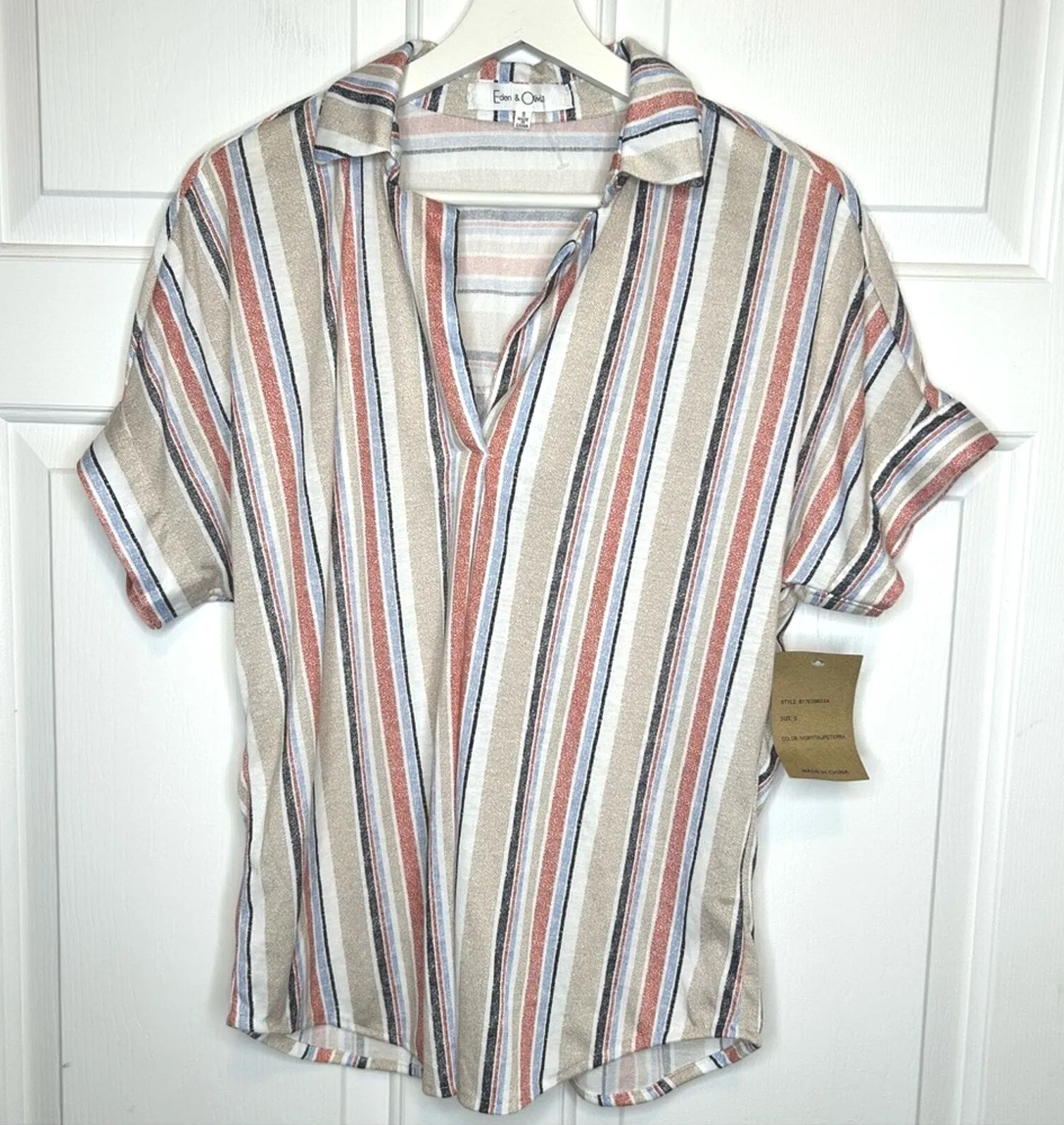 Eileen & Olivia Striped Short Sleeve Top, Button Back Detail, Collared Shirt S - Image 1