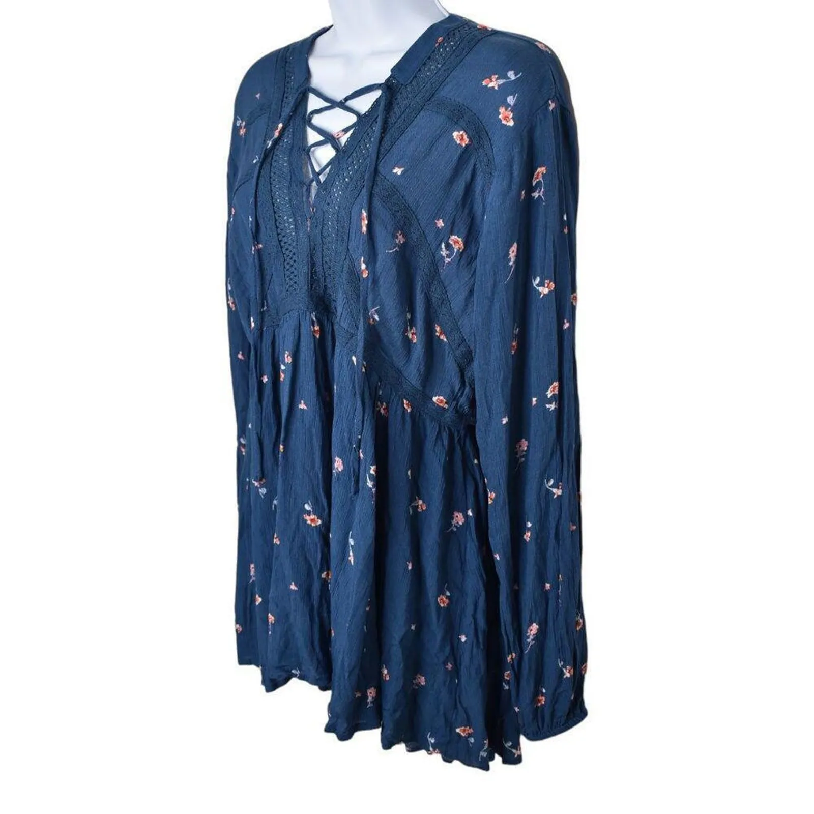 Bongo Womens Navy Blue Floral Long Sleeve Peasant Lace‎ Up Tunic Hi Lo Top Large - Image 4